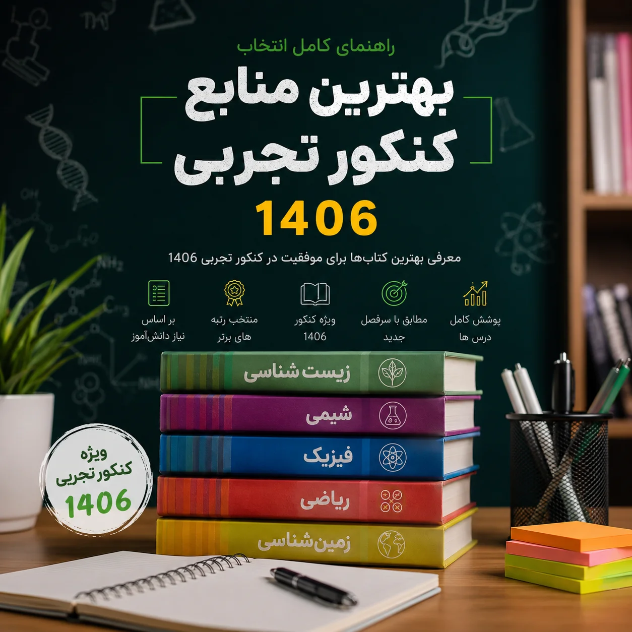 بهترین منابع کنکور تجربی 1406 شامل کتاب های زیست، شیمی، فیزیک و ریاضی برای کسب رتبه برتر